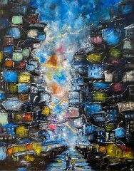 Cyberpunk Painting Cityscape Original Art Abstract Artwork City Wall Art Large