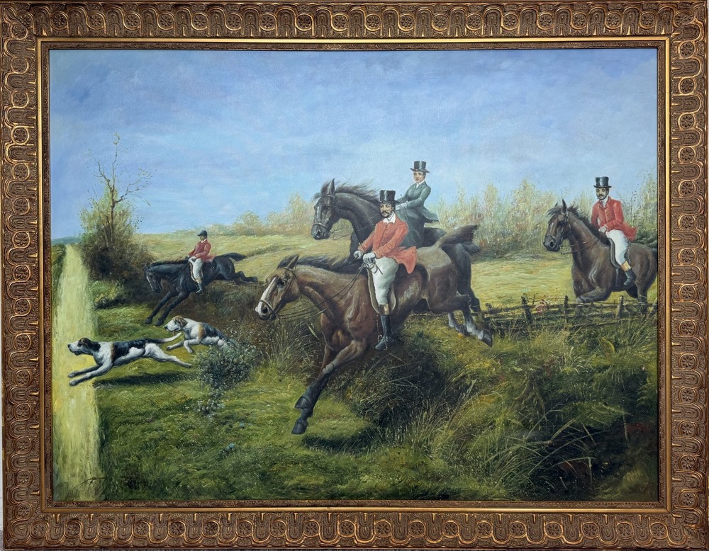 Huge Equestrian Fox Hunt Oil Painting, English Hunting Scene Art, Framed, Signed