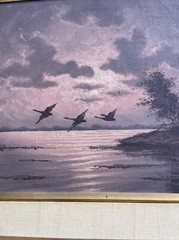 Sunset Evening Painting Landscape Water Flaying Birds Signed 1960’s Mystery Oil