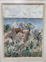 Mid Century Impressionist Watercolor Painting Antigua Seascape Tropical Floral