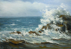 Heavy Seas, 5×7 original oil painting by Maine Artist Celene Farris, stormy sea