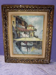 14×18” Europe Harbor Scene Boatyard Signed Fine Art Painting, Signed C. A. Hong