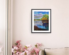 Autumn Fall Painting Lakeside View Landscape Gouache Original on Paper 12 x 9 In
