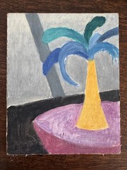 Vintage Painting Acrylic Cardboard Still Life Feathers Vase Peter Feldman