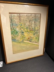 Vintage Japanese Garden Watercolor Painting Framed 25×20 Asian Landscape Art