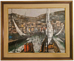 LEVEY SIGNED MID-20TH C O/C PALETTE KNIFE LINEAR PAINTING HARBOR SCENE, FRAMED