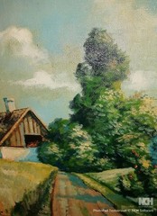 colourful oilg. Landscape with house and path sign: Jörgen Hösboll? circa 1920?