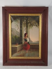 Girl and Tambourine Oil Painting o/c antique courtyard Villa gypsy woman 27 x 21
