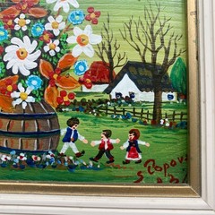 Vintage Folk Art Oil Painting Mini Poland Warsaw Colorful Signed Stevan Popovski