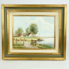 Dutch oil painting farmhouse thatch roof boat with hay mid 20thC Signed 37x43cm