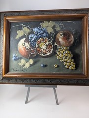 Original Art Oil painting Still life Pomegranates and Grapes on Canvas. Framed.