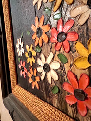 VTG Retro 1970s Mexican Oil Painting ~ Daisies ~ Hand Carved Frame ~ 16×18″