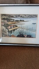 Old European watercolor framed signed costal town painting