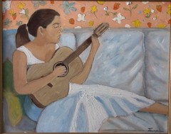 Oil On Canvas Girl Playing Guitar Original By Robert Thompson Framed 16×20￼