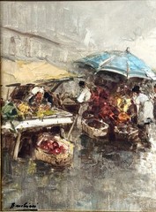 VTG c 1960s European School Orig. Impressionistic O/C Marketplace Signed Buchien