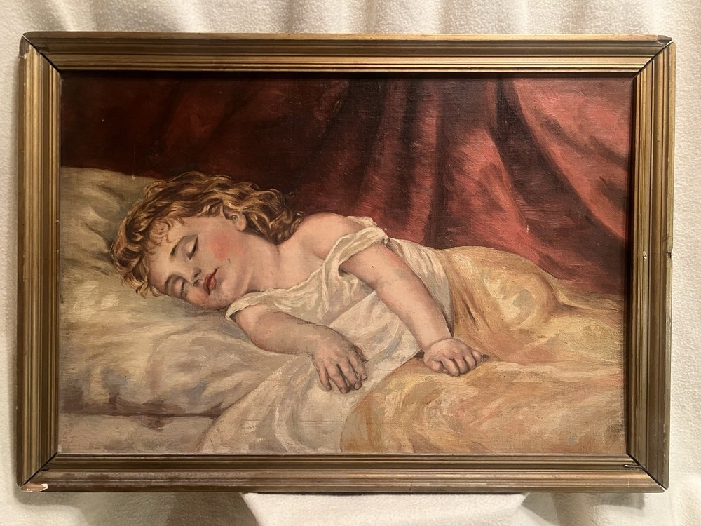 Antique Victorian Original Oil Painting Sleeping Child on Artist Board