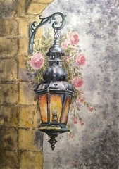 VINTAGE LANTERN LIGHT NIGHT WALL Original Art Painting Landscape PINK ROSES A4