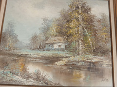 T. Azeen Signed original Oil On Canvas Framed 30″x27″ landscape house on stream