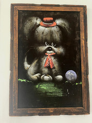 Cute vintage BLACK VELVET Painting White Dog Red Hat Bow Ball KITSCH Wood Frame