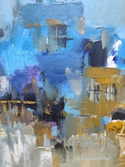 Original oil painting 12″x12″ Abstraction Contemporary art Blue Brown Roofs City