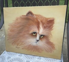 Original Fluffy Ginger Kitty Cat Yellow Eyes Portrait Canvas Painting 14”x18”