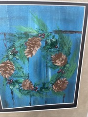 Pinecone Wreath Painting Matted Winter Holiday Decor Rustic Wall Art 14×12”