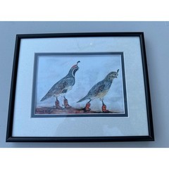 Deborah A Lee Original Watercolor Painting Quails in Red Cowboy Boots Framed Art