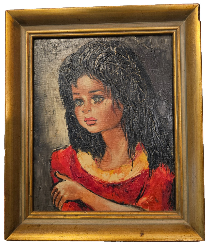 „Big Eye“ Etienne Roth Framed Oil Portrait-Signed 1960s- Louis Antoville frame