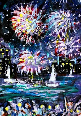 ACEO Original Painting FIREWORKS Summer CITY Buildings Ocean Boats Lights ART