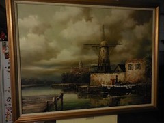 Vintage Oil Painting of Boat by Harbor with Wind Mill by Guido Borelli