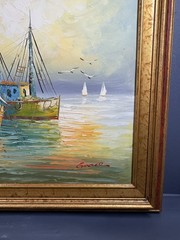 Original Oil Painting on Canvas Harbor Scene with Boats Signed Grace Framed