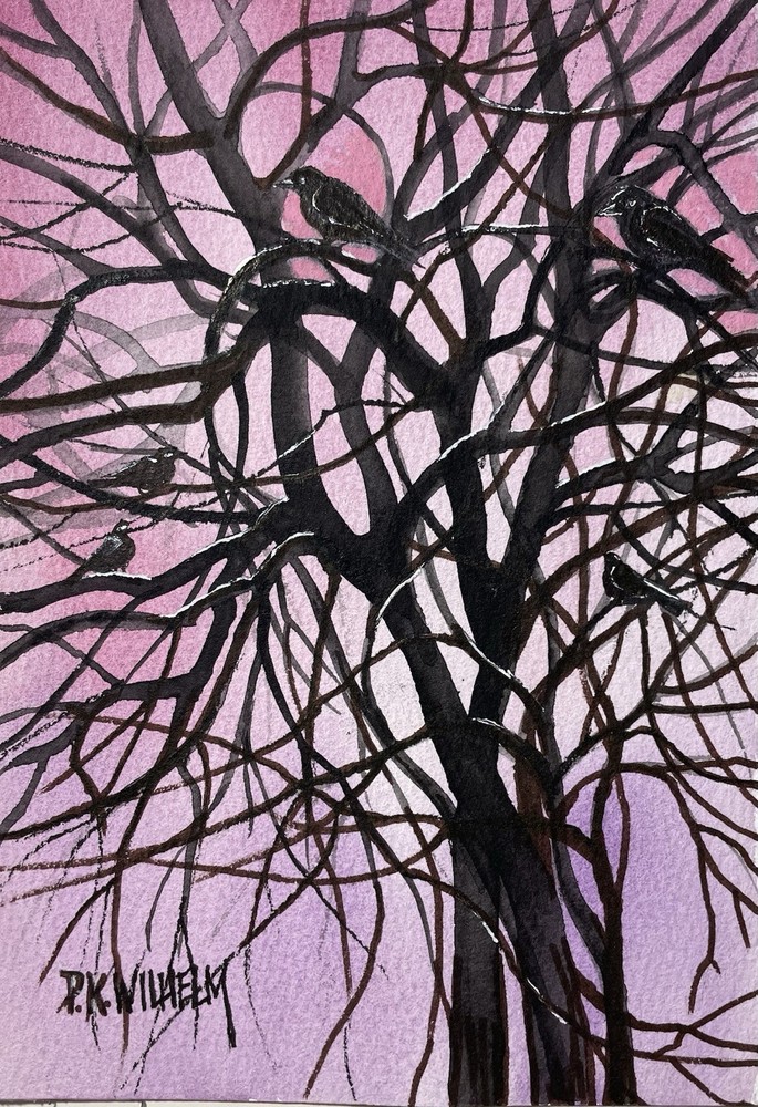 Pamela Wilhelm Watercolor 5”x7” Tree Branches With Birds & Limbs Pink Brown
