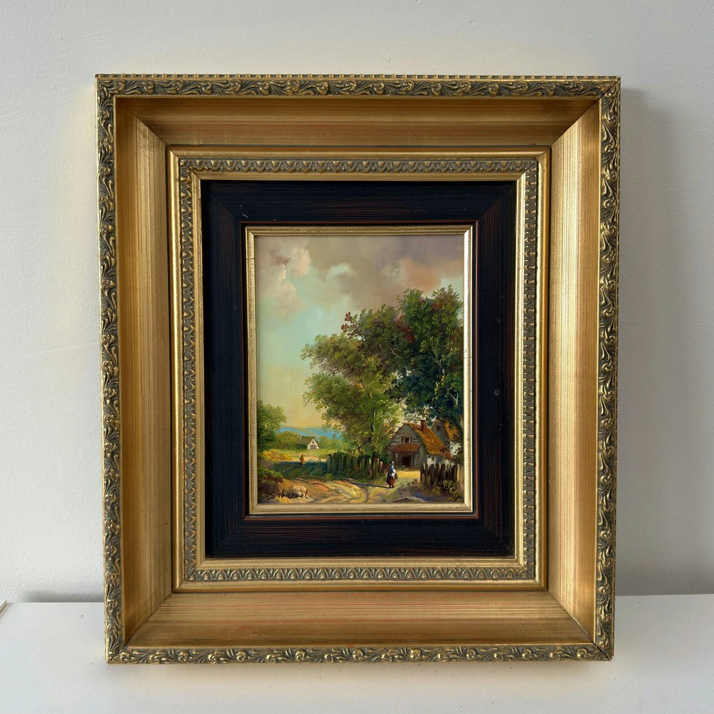 Handcrafted Landscape Oil Painting „Thatched Cottage“ Original Small Artwork