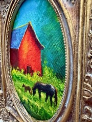 Original Oil Painting Red Barn Horses | Miniature Farm Landscape Wall Decor
