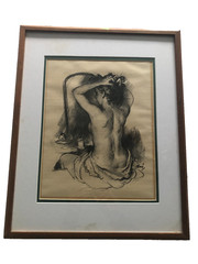 Vintage charcoal painting of young woman by listed artist John M King
