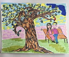 Tree Print with Hand-Drawn Couple, Sketch Marker Acrylic Nature