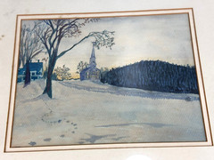 C.1960 Watercolor – Winter Scene w/ Church across from House, Small Town Winter