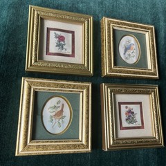 VTG Set 4 Miniature Art print Paintings flowers Gallery Cottage framed bird mini