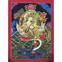 Black and Gold Saraswati Thangka Painting, For Home Decoration and Shrine