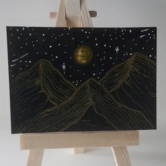 ACEO, Original Contemporary Mountain Night Sky Painting Moon Stars, Unframed