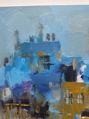Original oil painting 12″x12″ Abstraction Contemporary art Blue Brown Roofs City