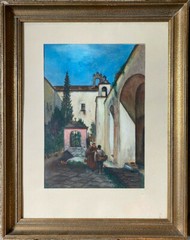Painting Alley Mediterranean Fountain Women Signed After Achenbach Antique Frame