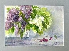 Summer Still Life Lilac and cherry Flowers in a vase still life Watercolor