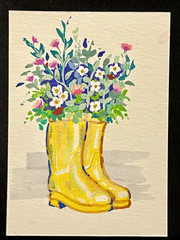 ACEO Original, Abstract Whimsy Yellow Boots, Mini Art Painting, by Annibbie