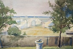 Stunning Antique Watercolor Landscape Coastal Town with Sun Dial Unsigned & FINE