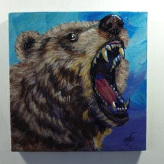 Original Acrylic Painting Roaring Grizzly Bear Portrait Small Hand Painted Art