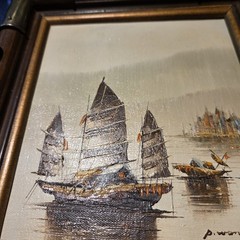 P. Wong Chinese Fishing Junk Boats Oil on Canvas Painting Nautical Brass Frame