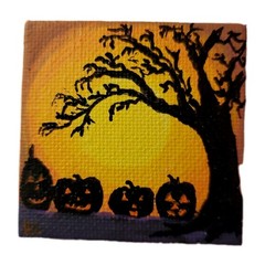 Miniature Halloween Acrylic Painting 2″ X 2″ Haunted Tree JOL pumpkin