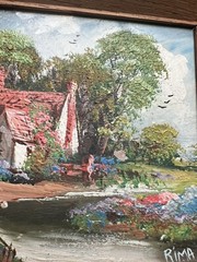 Original Oil Painting by RiMA – Tranquil House Amongst Flowers and Trees 5.5in