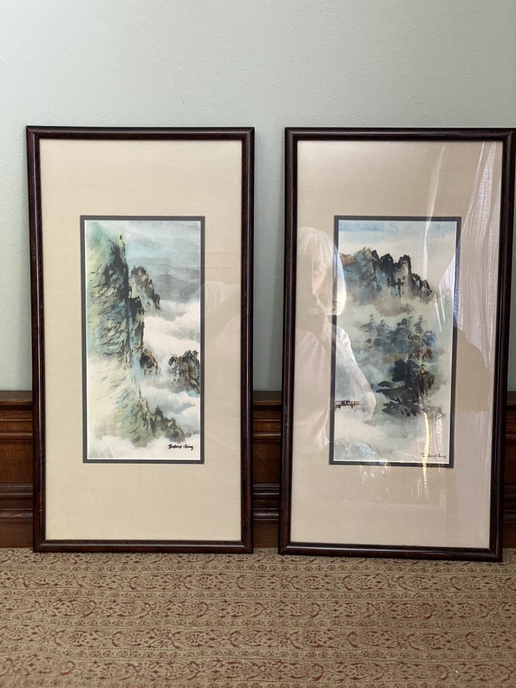 Two Dickens Chang Original Chinese Watercolors, Framed Signed 20 3/4 X 11 Frame